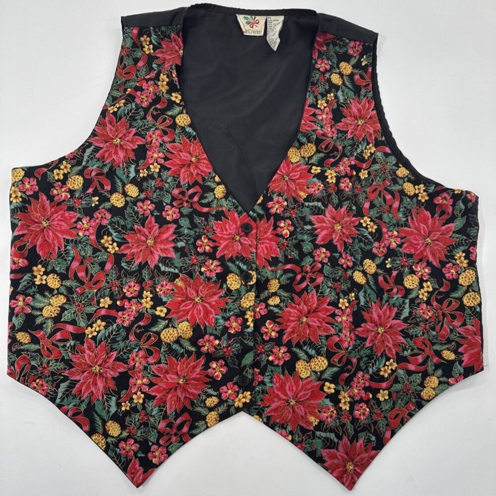 Vintage Nutcracker Poinsettia Holiday Vest Womens 2X 24 Christmas Tie Back 90s